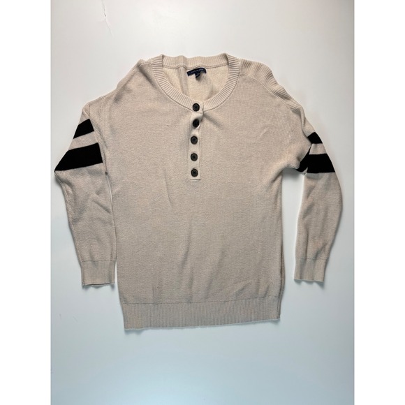 American Eagle By Payless Sweaters - American Eagle‎ Henley Sweater Light Beige Striped Sleeve Button Neck Casual